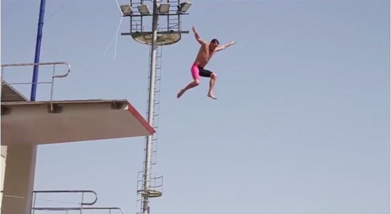 Ryan Lochte jumping into the Olympic diving pool in Barcelona Ryan Lochte jumping into the Olympic diving pool in Barcelona