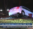 Unusual accident sends car into swimming pool in Overland Park