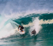 Surfer shares wave with dolphin