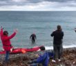 Swimmer Mike Davis completes his lap of the Isle of Man