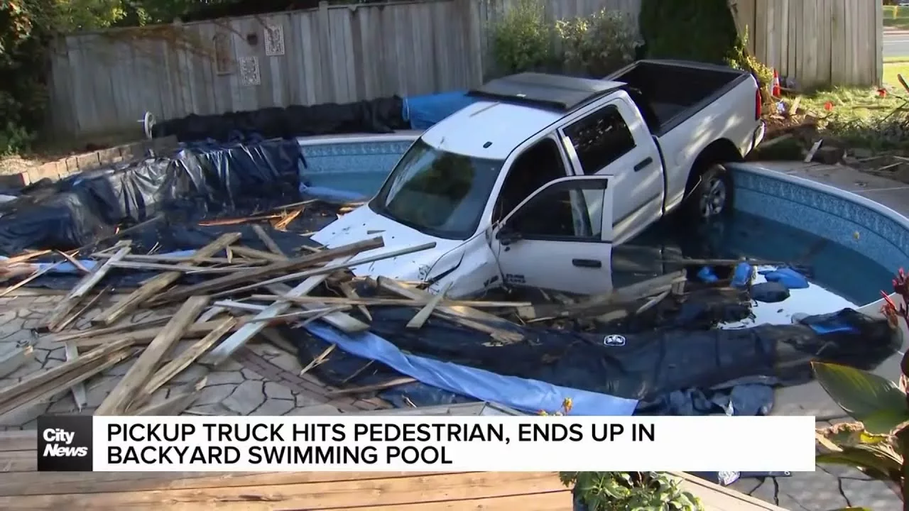 Pickup Truck Hits Pedestrian in Whitby, Lands in Backyard Swimming Pool | CityNews